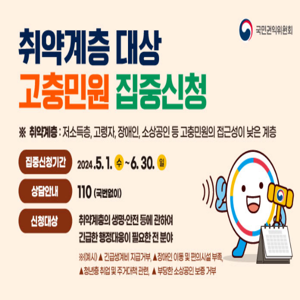 취약계층대상고충민원신청 ※취약계층: 저소득층,고령자,장애,소상공인 등 고충민원의 접근성이 낮은 계층 집중신청기간:2024.5.1(수)~6.30(일) 상담안내:110(국번없이) 신청대상: 취약계층의 생명·안전등에 관하여 긴급한 행정댕이 필요한 전 분야 ※(예시)▲긴급생계비 지급거부, ▲장애인 이동 및 편의시설부족,▲청년층 취업 및 주거대책 관련,▲부당한 소상공인 보증 거부